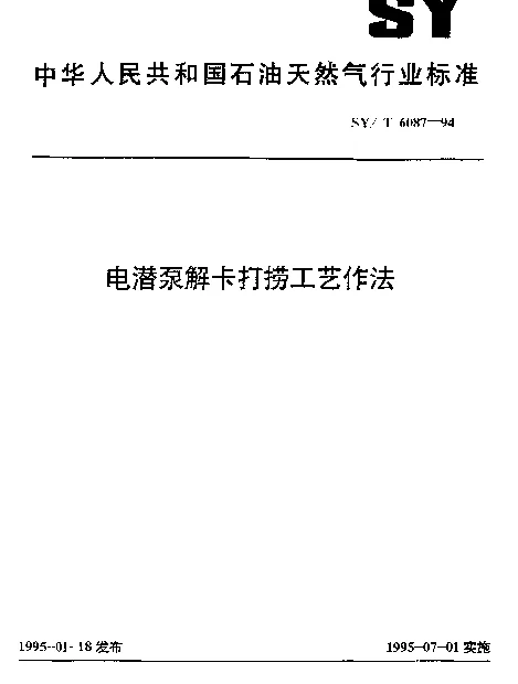 SYT 6087-1994 电潜泵解卡打捞工艺作法