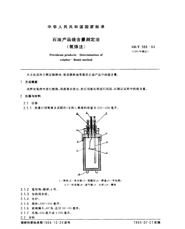 GBT 388-1964(1990) 石油产品硫含量测定法（氧弹法）