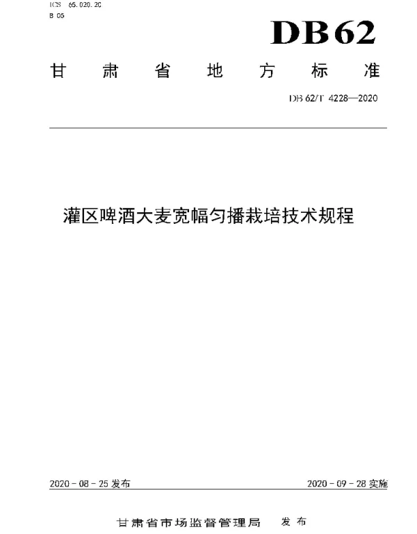 DB62T 4228-2020 灌区啤酒大麦宽幅匀播栽培技术规程