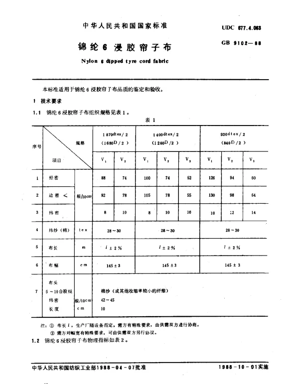 GB 9102-1988 锦纶6轮胎浸胶帘子布