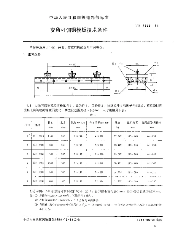 TB 1523-1984 变角可调钢模板技术条件