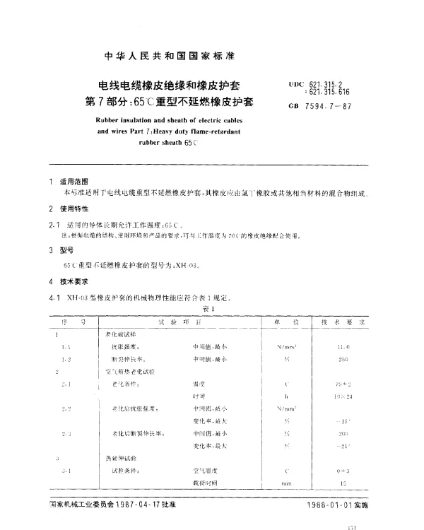 GB 7594.7-1987 电线电缆橡皮绝缘和橡皮护套 第7部分：65℃重型不延燃橡皮护套