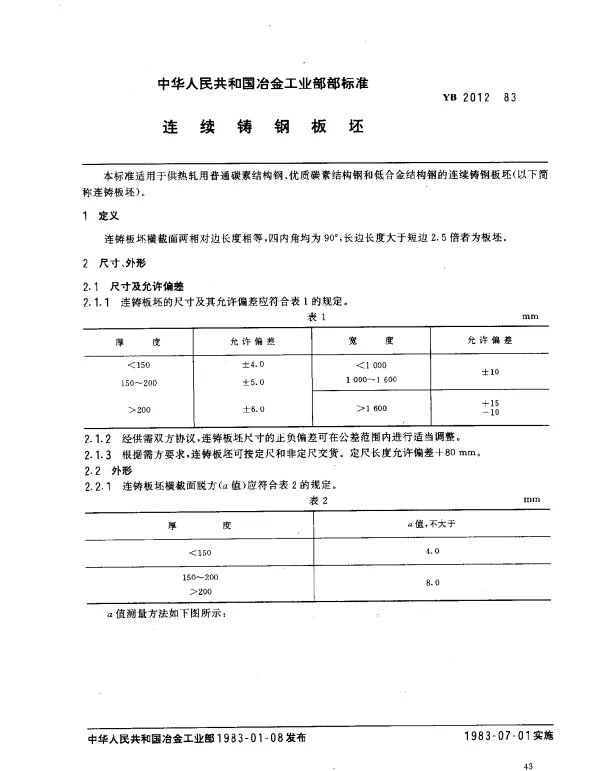 YB 2012-1983 连续铸钢板坯