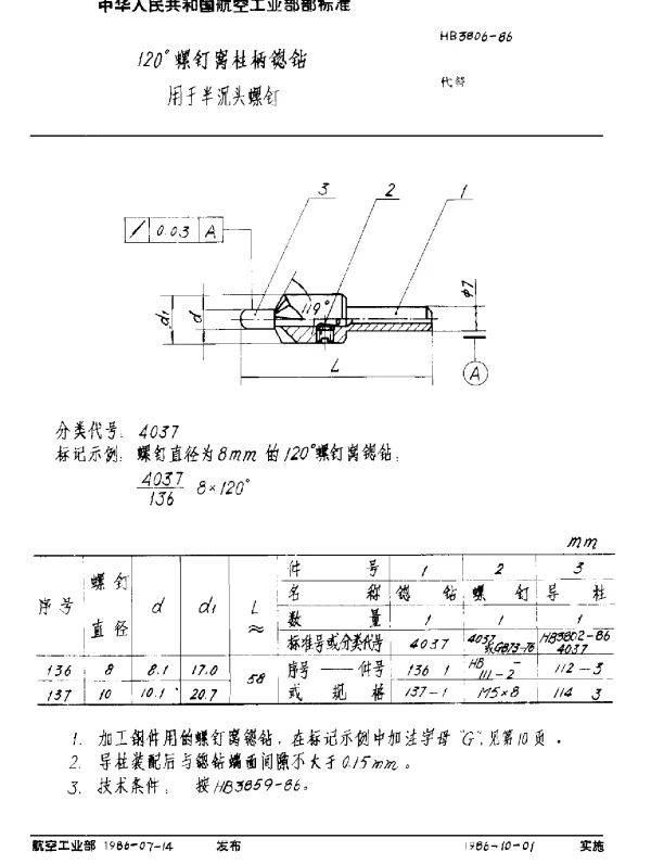 HB 3806-1986 120°螺钉窝柱柄锪钻 用于半沉头螺钉