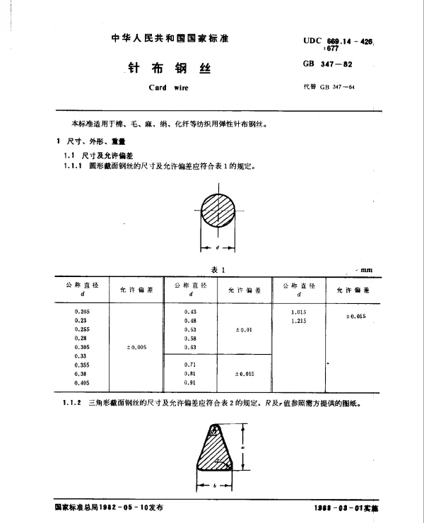 GB 347-1982 针布钢丝
