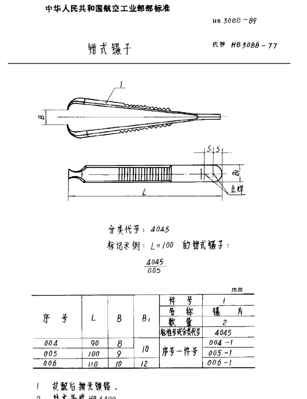 HB 3088-1989 钳式镊子