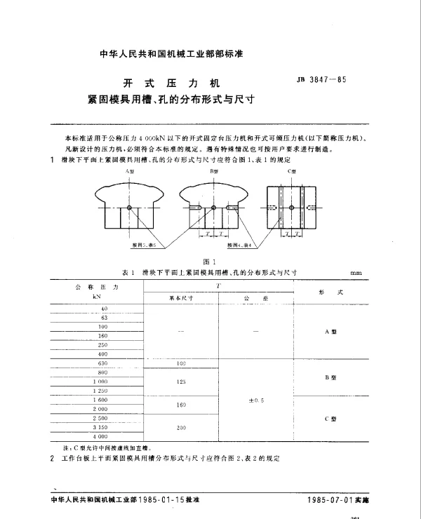 JB 3847-1985 开式压力机 紧固模具用槽、孔的分布形式与尺寸