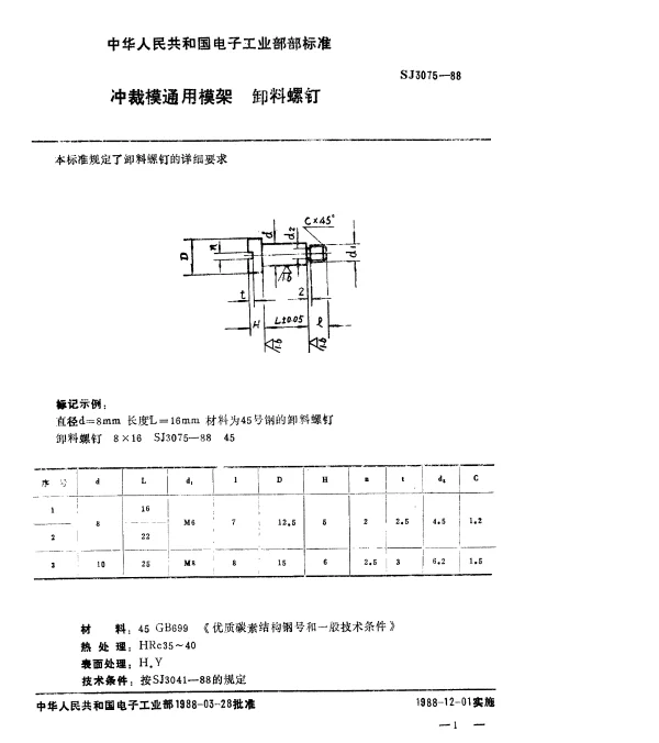 SJ 3075-1988 冲裁模通用模架.卸料螺钉