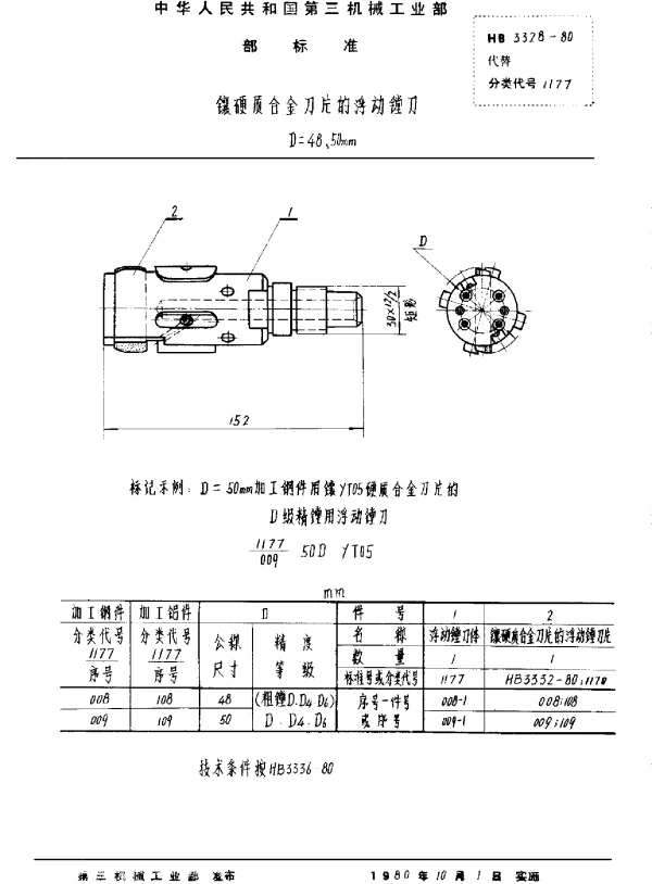 HB 3328-1980 镶硬质合金刀片的浮动镗刀 D=48、50mm