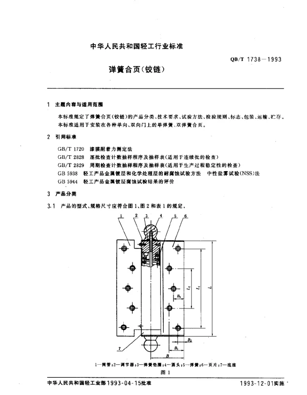 QBT 1738-1993 弹簧合页(铰链)