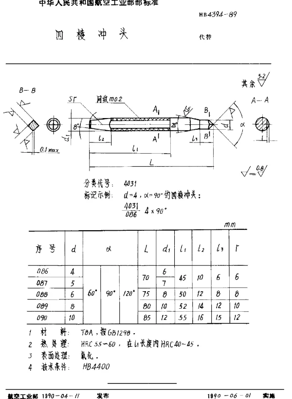 HB 4394-1989 四棱冲头