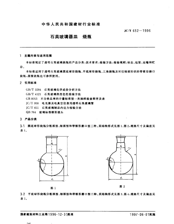 JCT 652-1996 石英玻璃器皿  烧瓶