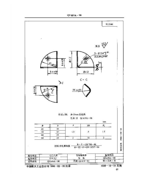 QJ 619A-1998 包装箱附件 包角