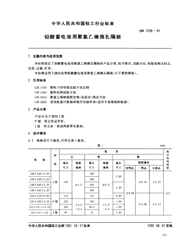 QB 1258-1991 铅酸蓄电池用聚氯乙烯微孔隔板