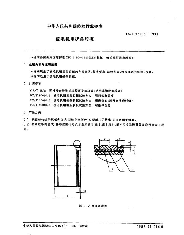 FZT 93006-1991 梳毛机用搓条胶板
