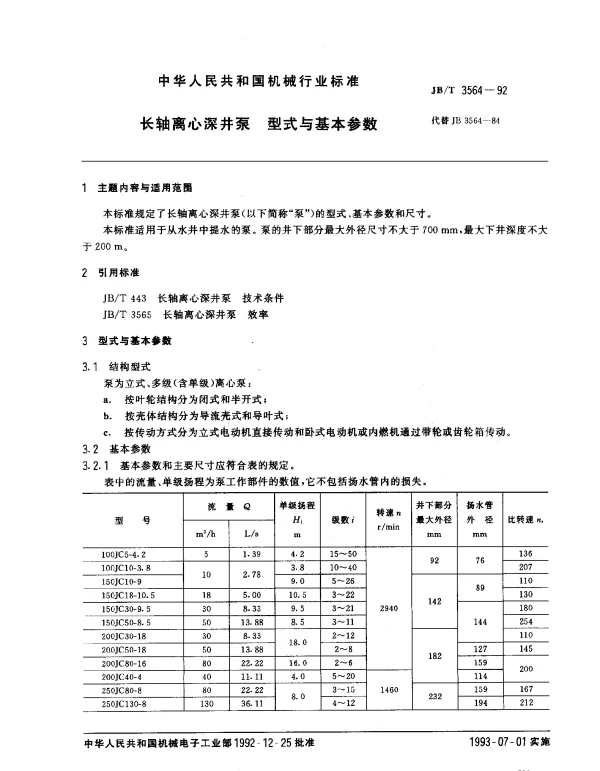 JBT 3564-1992 长轴离心深井泵 型式与基本参数