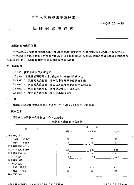 ZB Q43001-1990 铝镁耐火浇注料