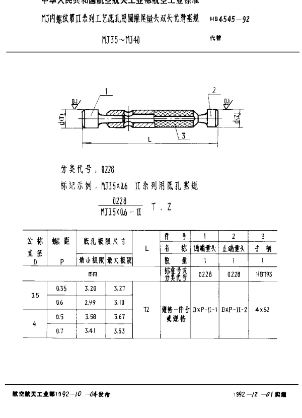 HB 4545-1992 MJ内螺纹第Ⅱ系列工艺底孔用圆锥尾量头双头光滑塞规 MJ3.5~MJ40