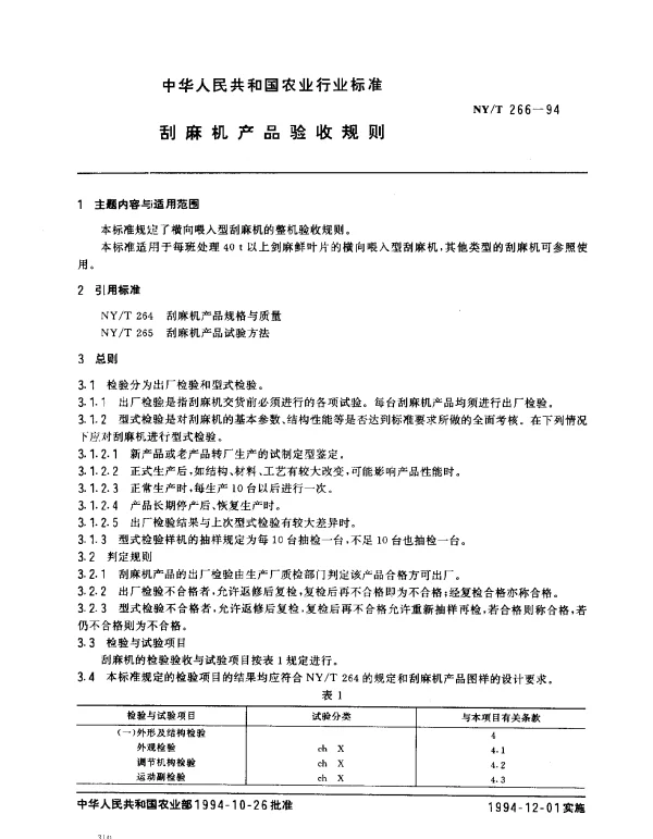 NYT 266-1994 刮麻机产品验收规则
