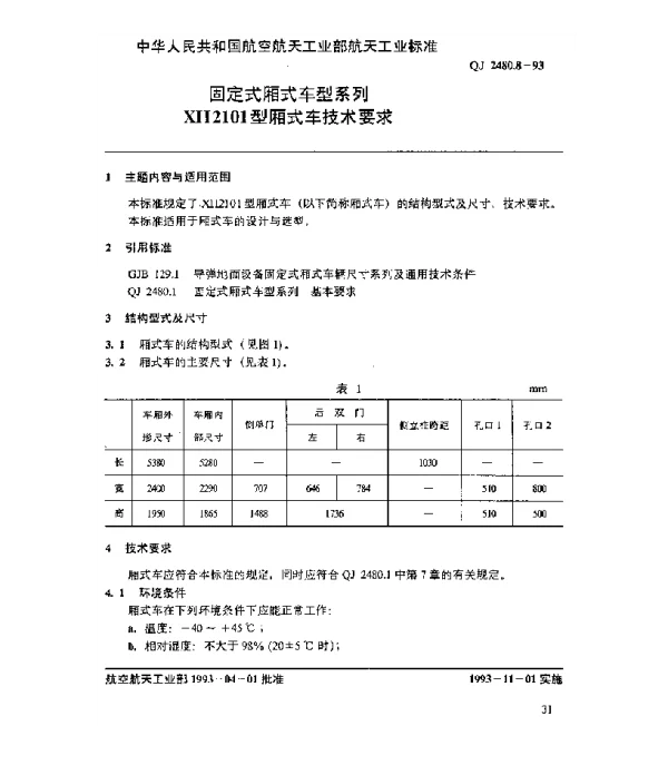 QJ 2480.8-1993 固定式厢式车型系列 XH2101型厢式车技术要求