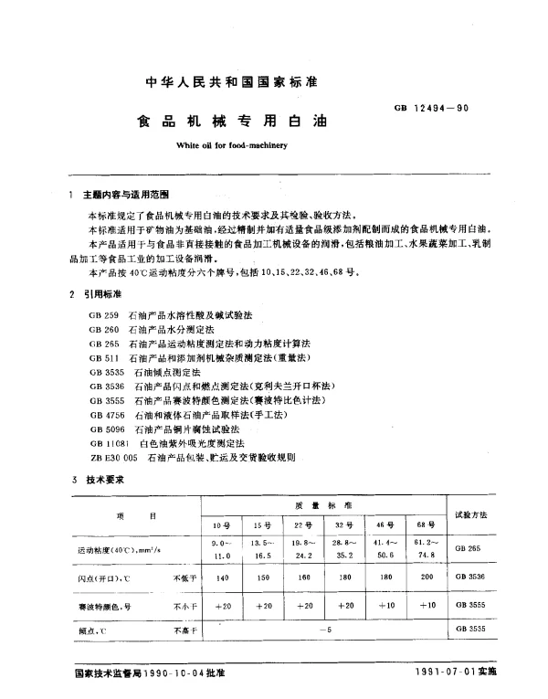 GB 12494-1990 食品机械专用白油