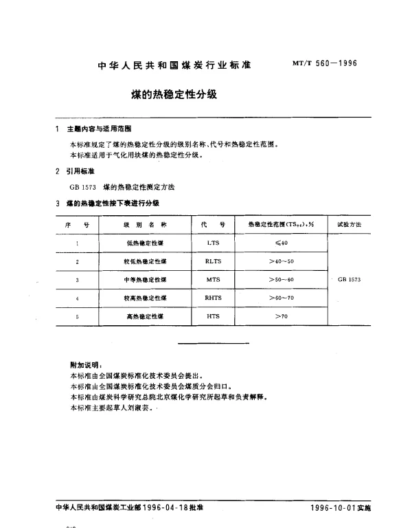 MTT 560-1996 煤的热稳定性分级