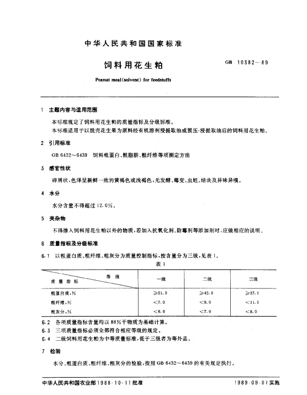 GB 10382-1989 饲料用花生粕