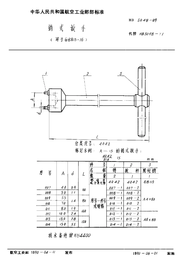 HB 3048-1989 销式扳手 (用于 GB815-76)