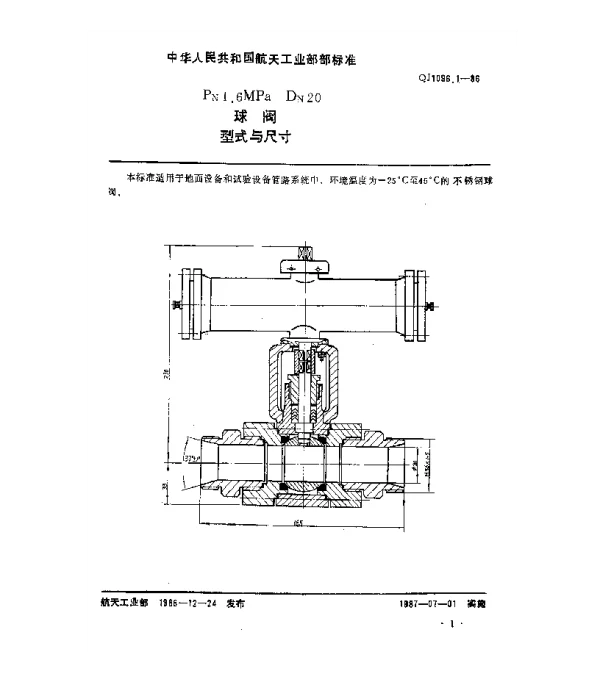 QJ 1096.1-1986 球阀 Pn1.6MPaDn20球阀型式与尺寸