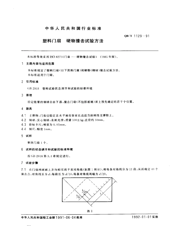 QBT 1129-1991 塑料门扇.硬物撞击试验方法