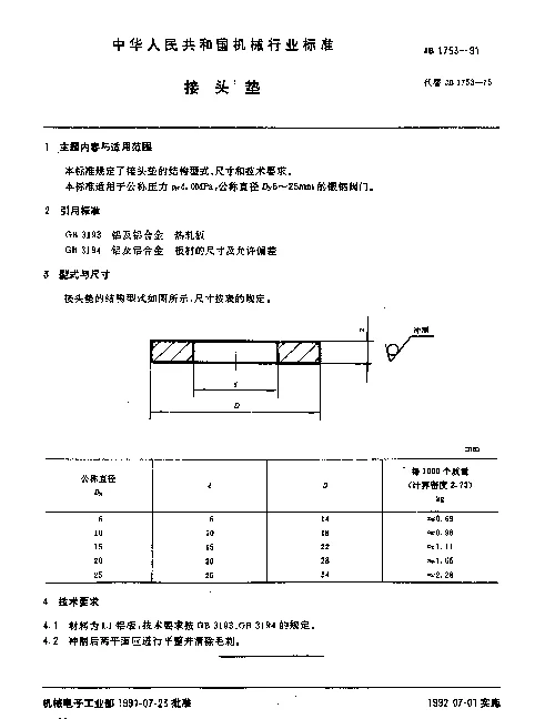 JB 1753-1991 接头垫