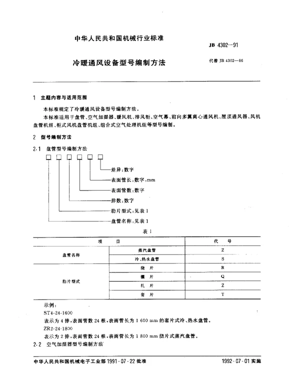 JB 4302-1991 冷暖通风设备型号编制方法