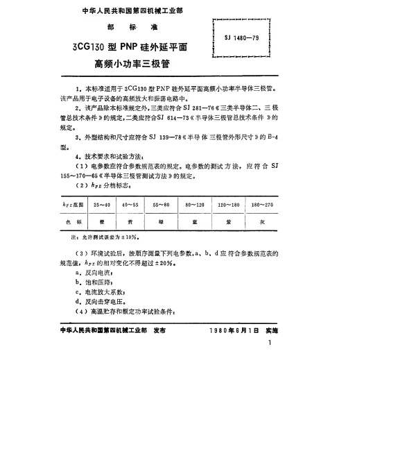 SJ 1480-1979 3CG130型PNP硅外延平面高频小功率三极管
