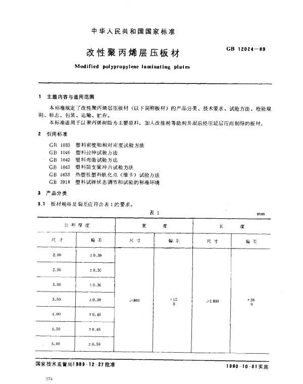 GB 12024-1989 改性聚丙烯层压板材