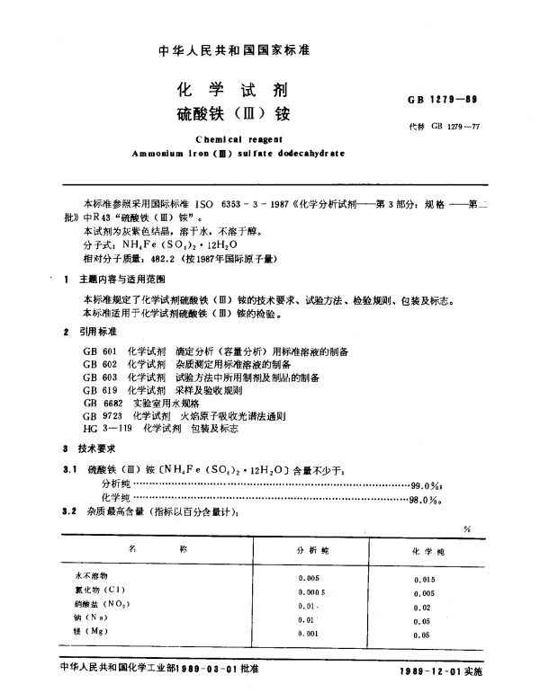 GB 1279-1989 化学试剂 硫酸铁（Ⅲ）铵