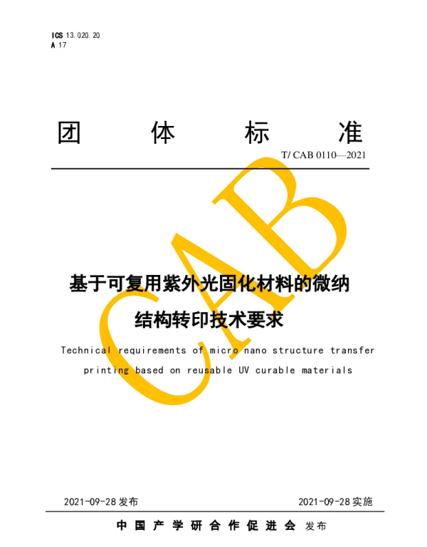 TCAB 0110-2021 基于可复用紫外光固化材料的微纳结构转印技术要求