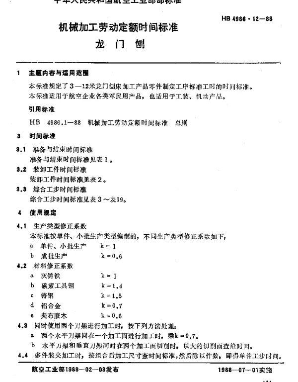 HB 4986.12-1988 机械加工劳动定额时间标准 龙门刨