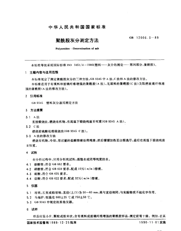 GB 12006.3-1989 聚酰胺灰分测定方法
