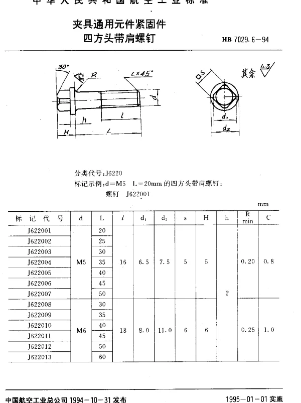 HB 7029.6-1994 夹具通用元件紧固件.四方头带肩螺钉