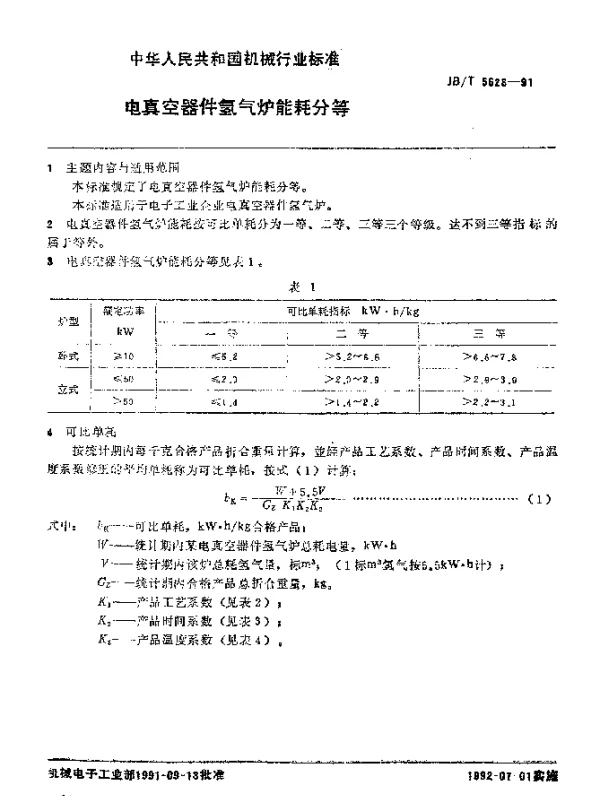 JBT 5623-1991 电真空器件氢气炉 能耗分等