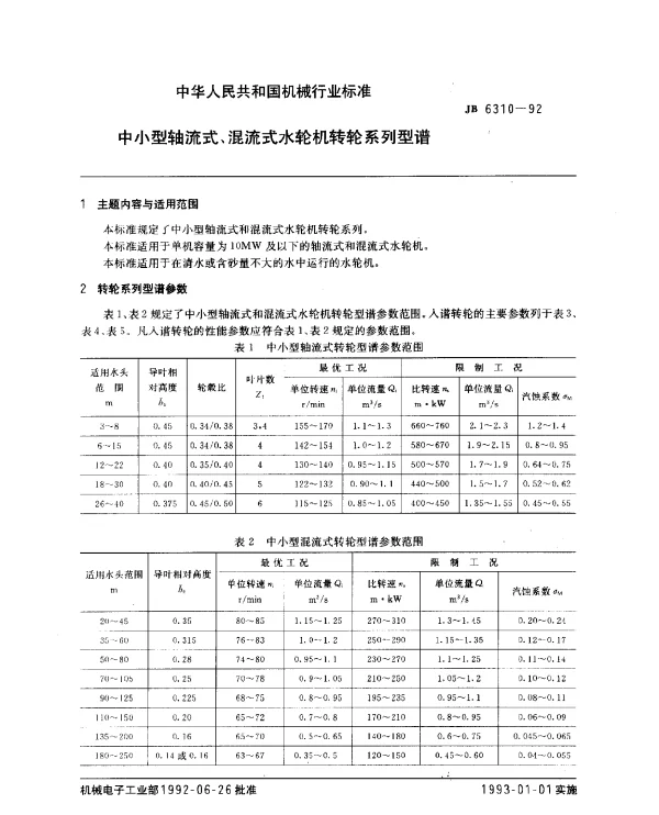 JB 6310-1992 中小型轴流式、混流式水轮机转轮系列型谱