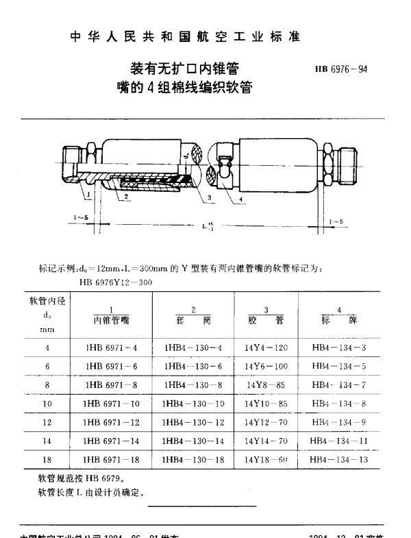 HB 6976-1994 装有无扩口内锥管.嘴的4组棉线编织软管