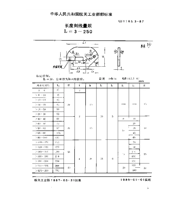 QJ 1163.3-1987 深度、高度、长度极限量规型式尺寸 长度刻线量规(L=3~250)