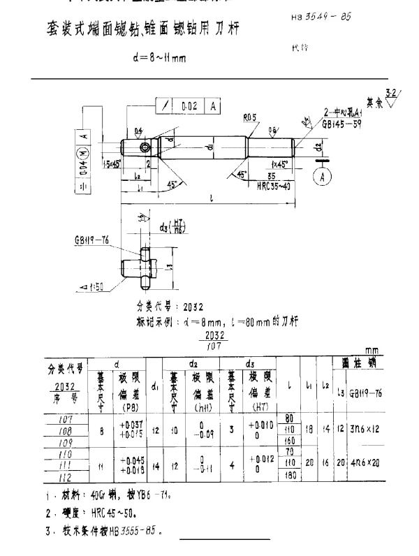 HB 3549-1985 套装式端面锪钻、锥面锪钻用刀杆 d=8~11mm