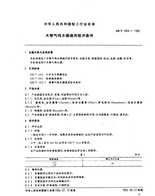QBT 1658.1-1992 木管气鸣乐器通用技术条件