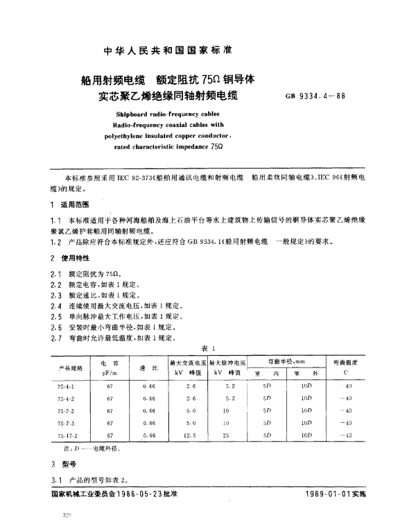 GB 9334.4-1988 船用射频电缆 额定阻抗75Ω铜导体实芯聚乙烯绝缘同轴射频电缆