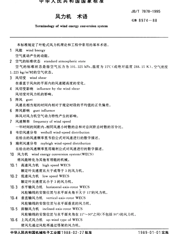 JBT 7878-1995 风力机.术语