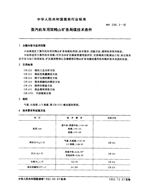 MT 296.3-1992 蒸汽机车用双鸭山矿务局煤技术条件
