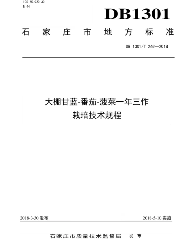 DB1301T 262-2018 大棚甘蓝-番茄-菠菜一年三作高效栽培技术