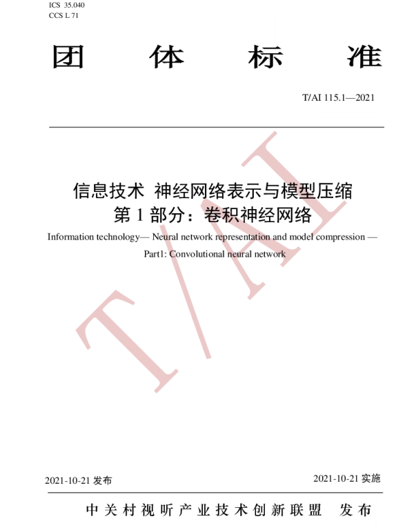 TAI 115.1-2021 信息技术 神经网络表示与模型压缩 第 1 部分：卷积神经网络
